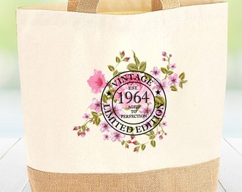 Birthday Tote, Personalised Bag, 1964 Burlap Bag, Anniversary Gift, Custom 40th Bag, Birthday Gift, Birthday Bag, Vintage Jute, 1984 Bag