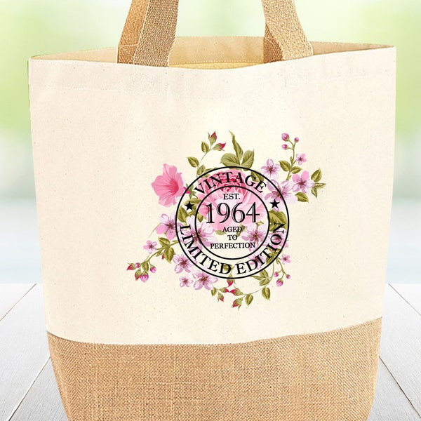 Birthday Tote, Personalised Bag, 1964 Burlap Bag, Anniversary Gift, Custom 40th Bag, Birthday Gift, Birthday Bag, Vintage Jute, 1984 Bag