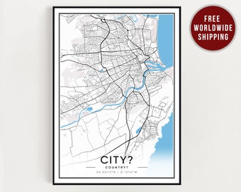 Custom Map Print, Customizable Map Poster, City map, Map Print Canvas, Map Gift, New Home Map Poster Gift, personalized Map Gift, Wall Art