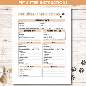 Pet Sitter Instructions, Printable Pet Sitter Guide, Pet Care Form Printable PDF