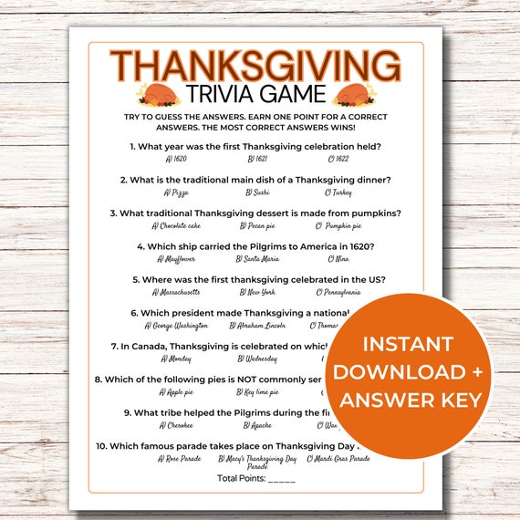 Thanksgiving Trivia Game, Printable Thanksgiving Games for Family, Fun Thanksgiving Game, Thanksgiving Quiz