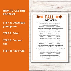 Peut inclure: Un jeu de questions-r&eacute;ponses sur l'automne &agrave; imprimer avec 10 questions. Le jeu pr&eacute;sente un design color&eacute; avec des feuilles d'automne et le texte "Fall Trivia Game".