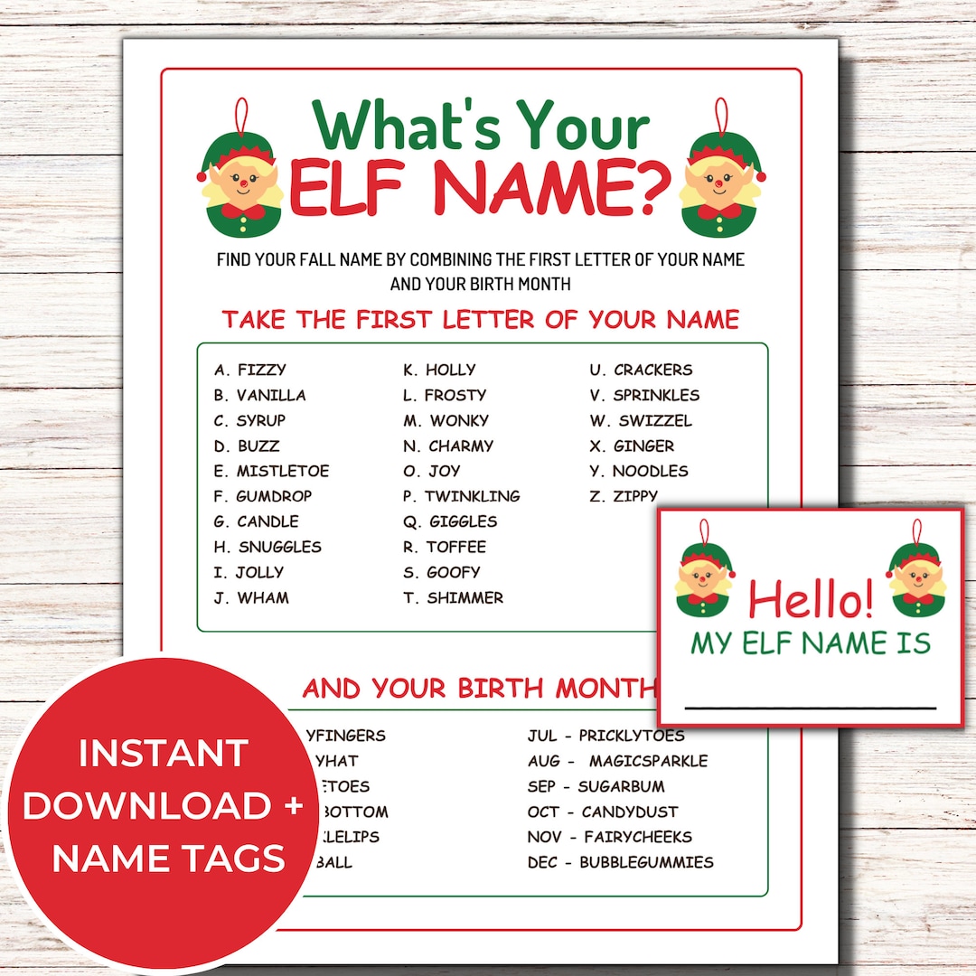 What's Your Elf Name Game, Printable Elf Name Generator Game, Fun