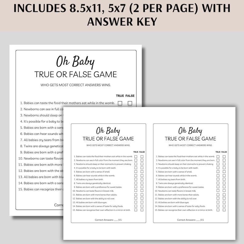 True or False Baby Shower Game, Printable Baby Shower True or False