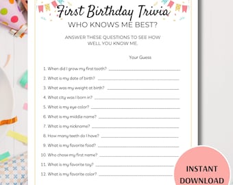 Jogo de curiosidades sobre o primeiro aniversário, jogo para imprimir para festa de primeiro aniversário, jogos divertidos para o primeiro aniversário, quem conhece melhor o bebê de um ano