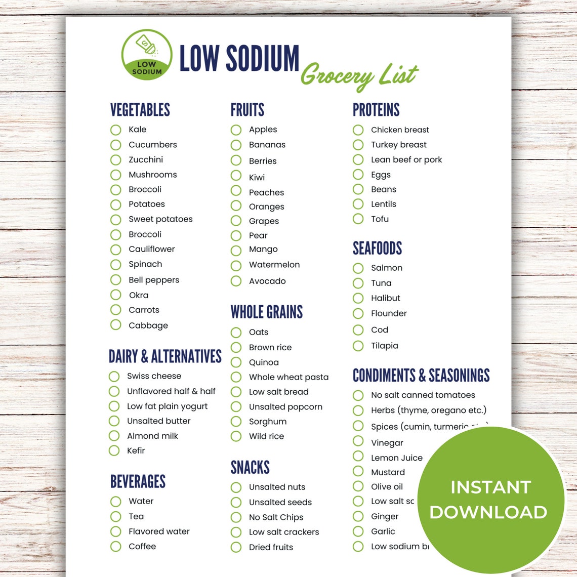 Low Sodium Grocery List, Printable Low Sodium Food List, Low Salt Diet Shopping List Printable ...