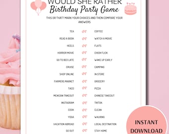 Birthday Would She Rather Game, Printable Adult Birthday Party Games, Birthday Girl Games