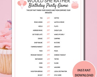 Birthday Would She Rather Game, Printable Adult Birthday Party Games, Birthday Girl Games