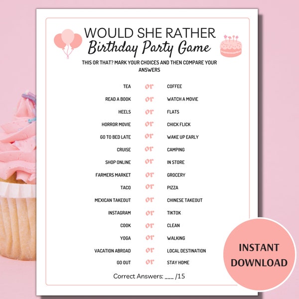 Birthday Would She Rather Game, Printable Adult Birthday Party Games, Birthday Girl Games