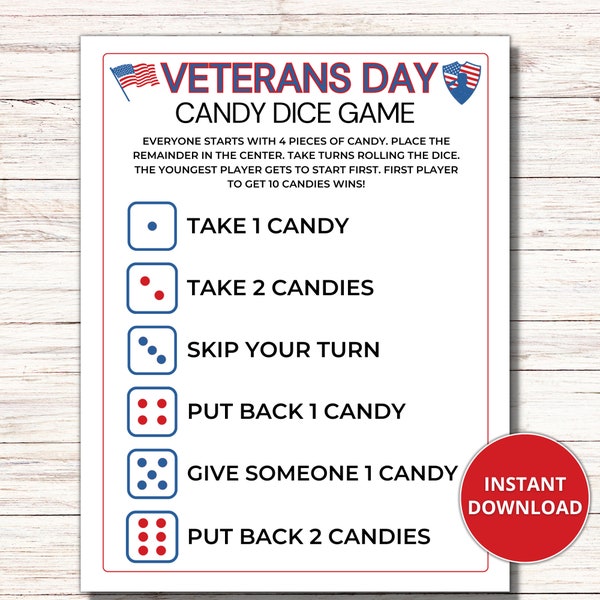 Veterans Day Candy Dice Game, Printable USA Party Games, Patriotic Dice Game, Veterans Day Games