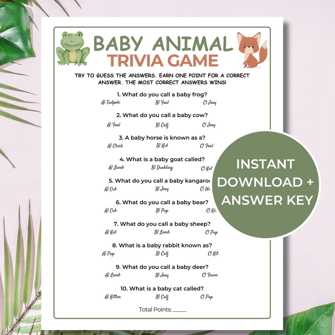 Baby Animal Trivia Game, Printable Safari Baby Shower Game, Animal Game