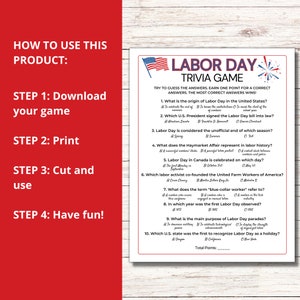 May include: A printable Labor Day trivia game with a red, white, and blue American flag in the top left corner. The game includes 10 trivia questions about Labor Day history and traditions.  The questions are printed in black text on a white background.