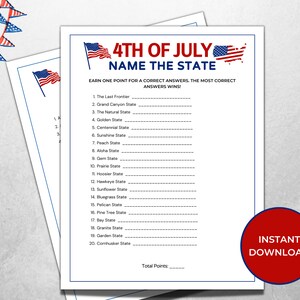 4th of July Name the State Game, Independence Day Game, 4th of July Trivia Game, July 4th Activity, 4th of July Family Quiz, July 4th Games