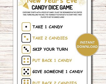 New Year's Eve Candy Dice Game, Printable Candy Game for Kids, Fun New Year's Eve Game, Pass the Candy Game, Family Party Game