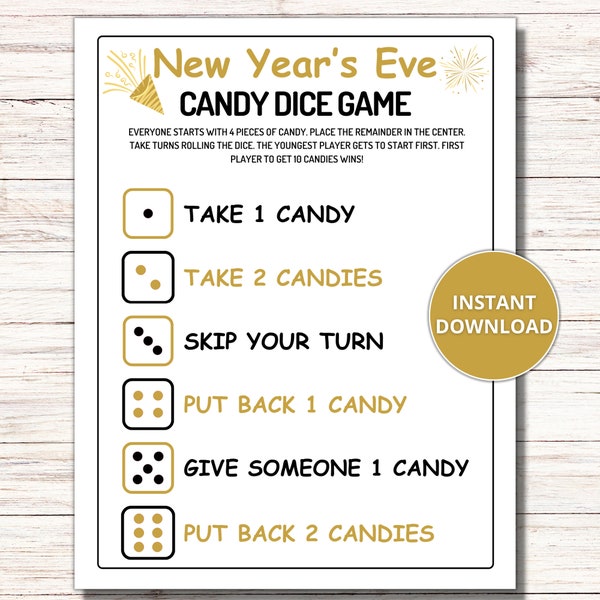 New Year's Eve Candy Dice Game, Printable Candy Game for Kids, Fun New Year's Eve Game, Pass the Candy Game, Family Party Game