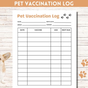 May include: Printable pet vaccination log with sections for name, breed, birth date, gender, date, vaccine, age, and next due. The log is designed to help pet owners keep track of their pet's vaccination records.