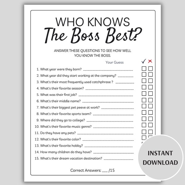 Who Knows the Boss Best Game, Printable Office Party Games, Boss Quiz, How Well Do You Know the Boss, Boss Questionnaire