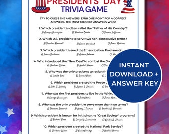 Presidents' Day Trivia Game, Printable Presidents Day Games, US Presidents Questions and Answers