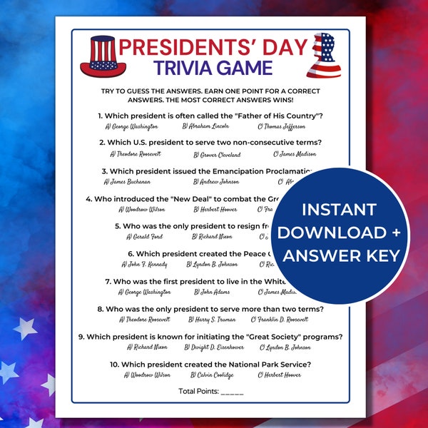 Presidents' Day Trivia Game, Printable Presidents Day Games, US Presidents Questions and Answers