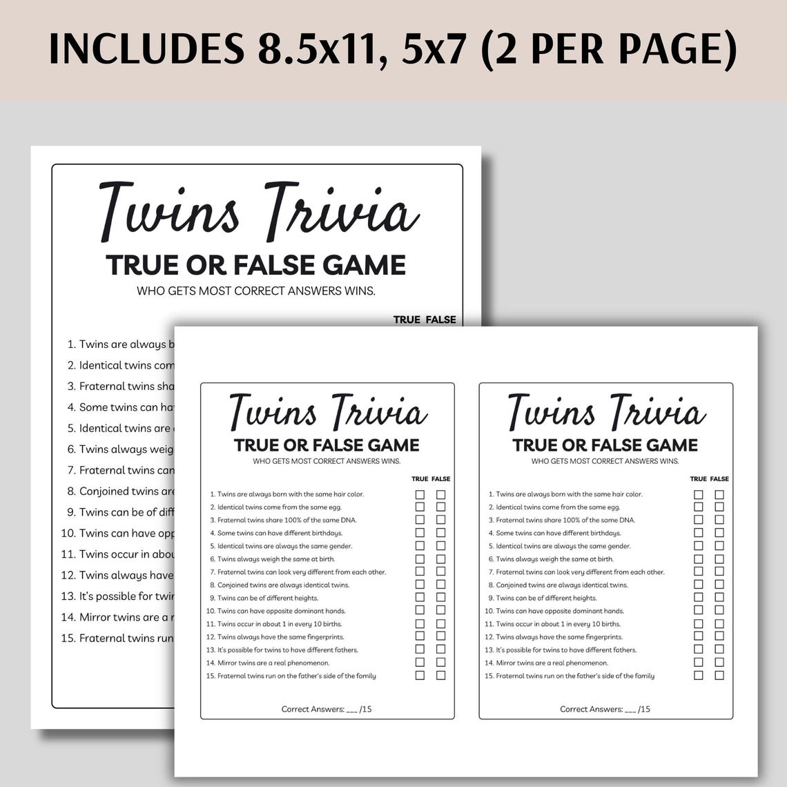 Twins Trivia Game, Printable Twin Baby Shower Game, Baby Shower True or ...