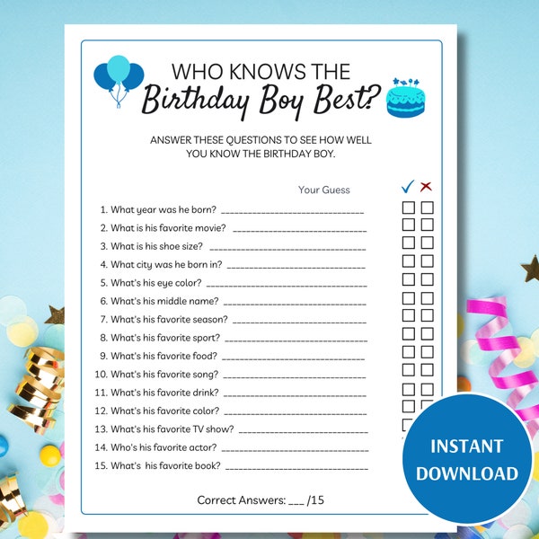 Who Knows the Birthday Boy Best, Printable Birthday Games, How Well Do You Know the Birthday Boy