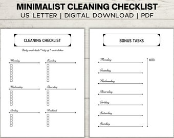 May include: A printable cleaning checklist with a minimalist design. The checklist includes daily tasks, weekly tasks, and bonus tasks. The checklist is formatted for US Letter size paper.