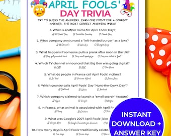 April Fools' Day Trivia Game, Printable April Fools Day Game, Fun April Fools' Day Ideas for Kids and Adults, April Fools Party Ideas