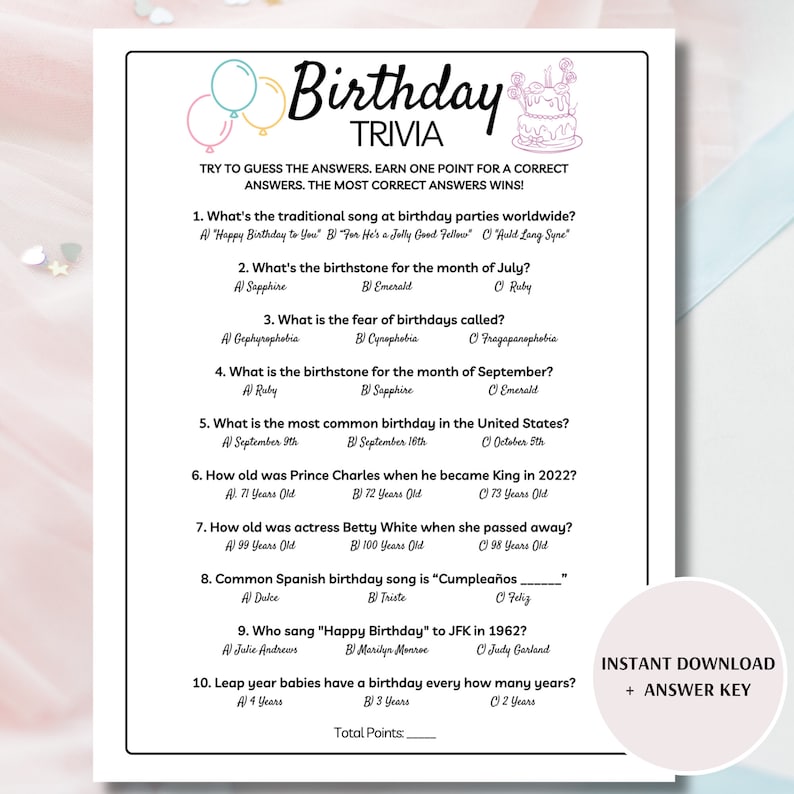 Birthday Trivia Game, Printable Birthday Games, Fun Birthday Trivia