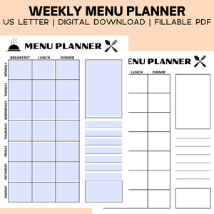 Weekly Menu Planner Printable, Meal Planner Fillable PDF, Editable Meal Planner, Digital Download, Meal Prep Planner