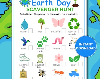 Juego de búsqueda del tesoro del Día de la Tierra para niños, juegos imprimibles del Día de la Tierra, actividad divertida del Día de la Tierra para niños y adultos