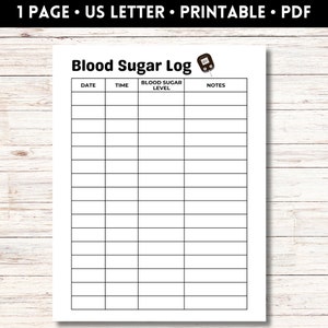 May include: A printable blood sugar log with columns for date, time, blood sugar level, and notes. A small illustration of a blood glucose meter is in the top right corner.