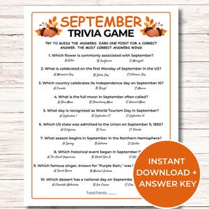 September Trivia Game, Printable September Quiz, Fall Party Games, Fall ...