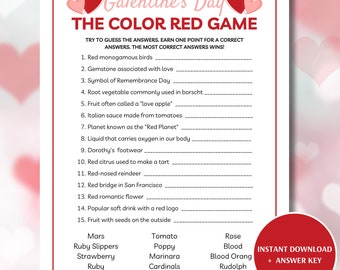 May include: A printable Galentine's Day game with a red heart theme. The game is called "The Color Red Game" and asks players to guess the answers to 15 questions about things that are red.  The answers are listed below the questions.  The game includes an instant download and answer key.