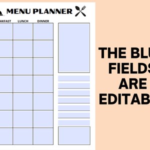 Weekly Menu Planner Printable, Meal Planner Fillable PDF, Editable Meal ...