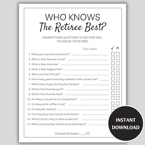 Who Knows the Retiree Best Game, Printable Retirement Party Game, Fun Co-Worker Retirement Games, How Well Do You Know the Retiree