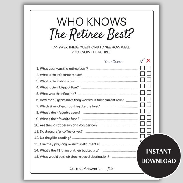 Who Knows the Retiree Best Game, Printable Retirement Party Game, Fun Co-Worker Retirement Games, How Well Do You Know the Retiree