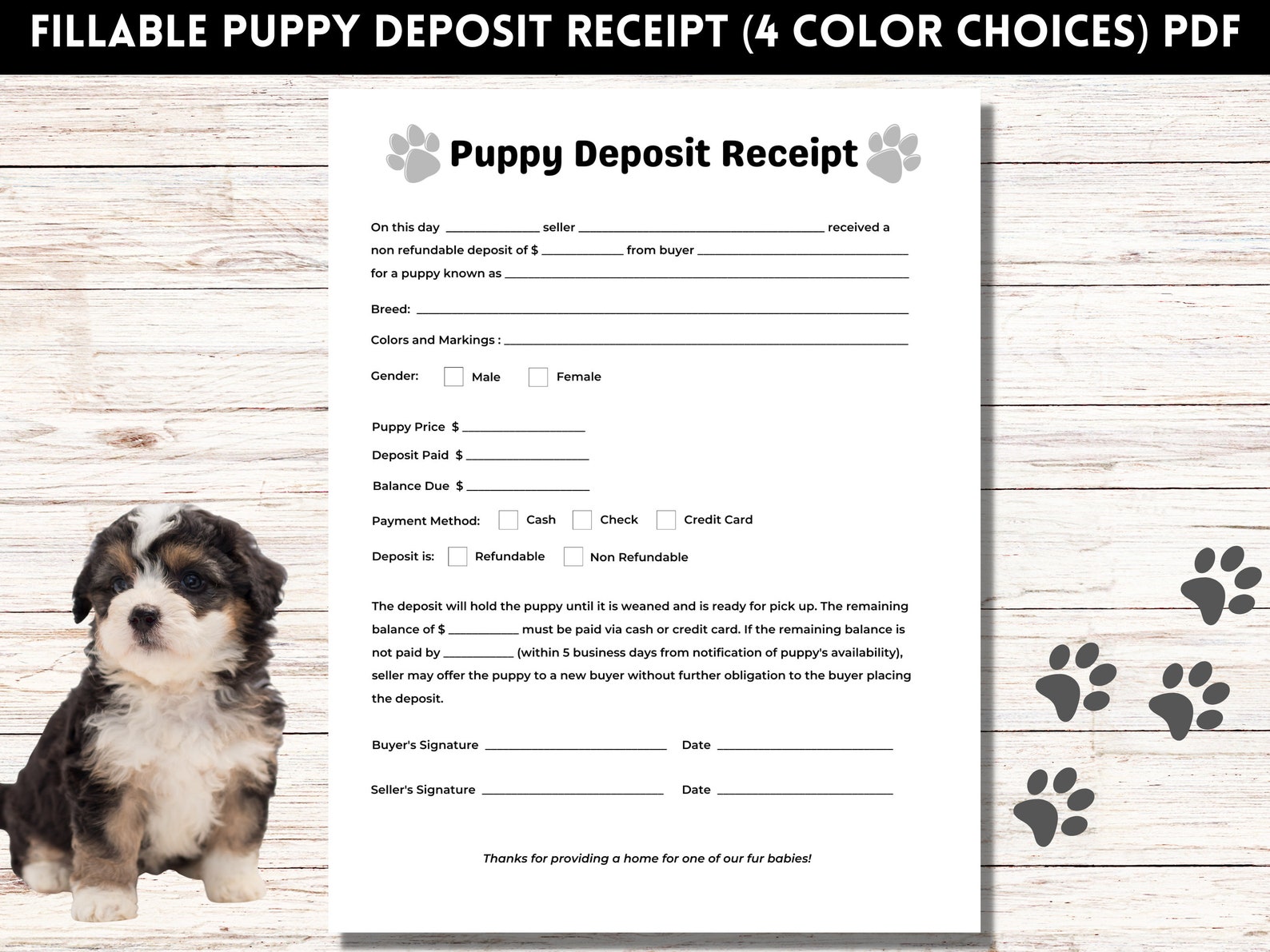 Puppy Deposit Receipt, Fillable Puppy Deposit Form, Dog Breeder Forms, Printable PDF Etsy