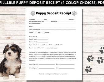 Puppy Deposit Receipt, Fillable Puppy Deposit Form, Dog Breeder Forms, Printable PDF
