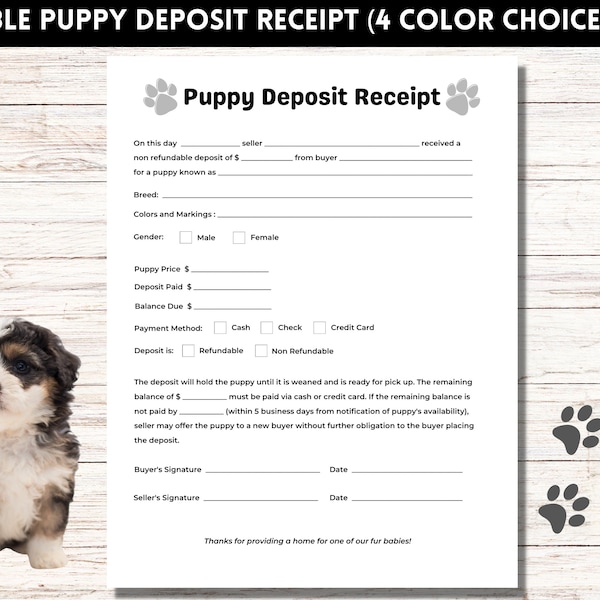 Puppy Deposit Receipt, Fillable Puppy Deposit Form, Dog Breeder Forms, Printable PDF