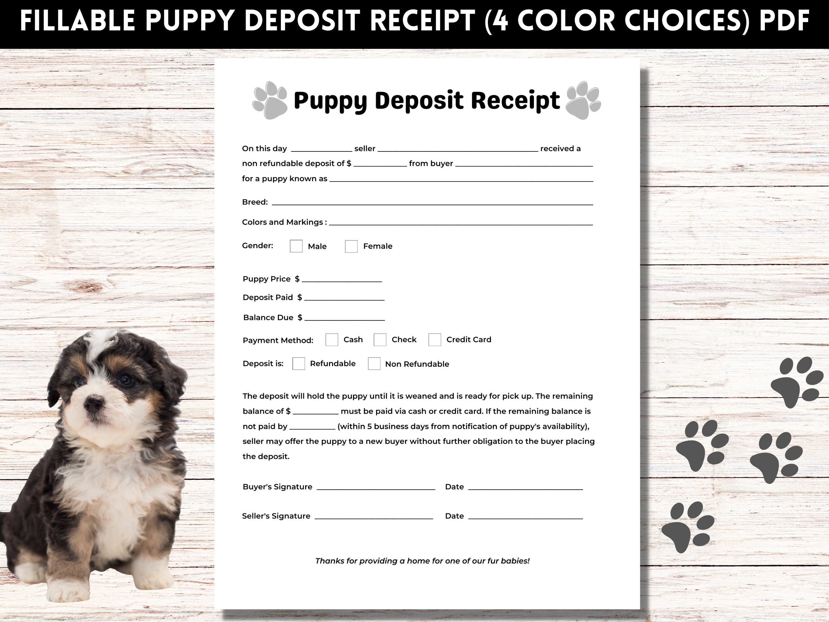 Puppy Deposit Receipt, Fillable Puppy Deposit Form, Dog Breeder Forms ...