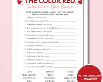 The Color Red Game, Valentine's Day Trivia Game, Printable Valentine's Day Games