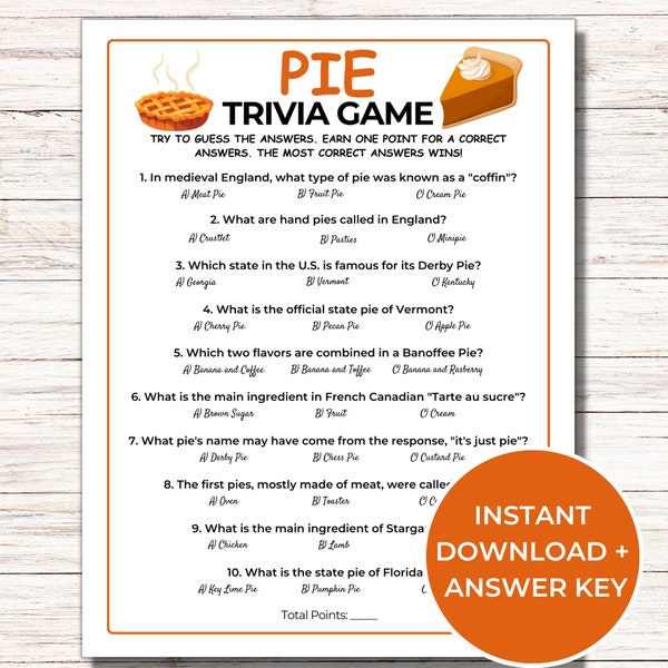 Pie Trivia Game, Printable Pie Trivia, Dessert Trivia, Food Trivia