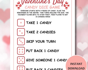 Valentine's Day Candy Dice Game, Printable Valentines Dice Game, Fun Valentine's Game for Kids and Adults, Pass the Candy Game