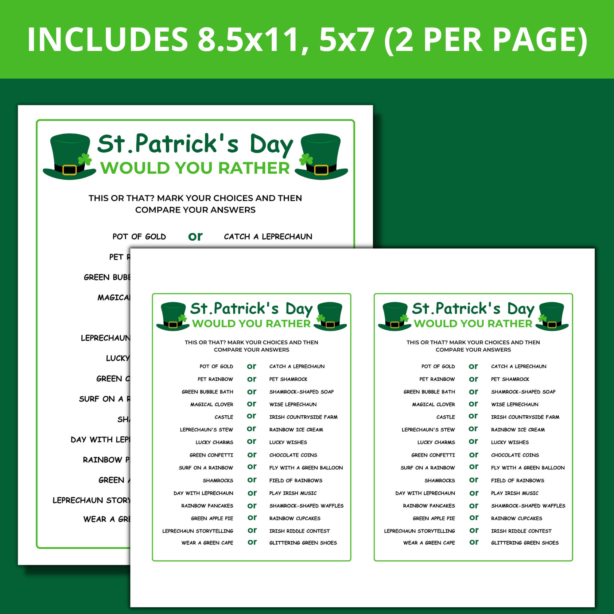 St Patrick's Day Would You Rather Game, Printable This or That St ...