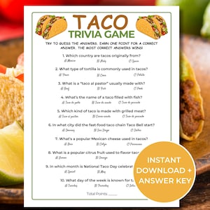 Taco Trivia Game, Printable Taco Tuesday Quiz, Fun Taco Party Game for adults and kids, Taco Day Game, Cinco de Mayo, Mexican Fiesta Party