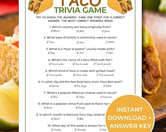 Taco Trivia Game, Printable Taco Tuesday Quiz, Fun Taco Party Game for adults and kids, Taco Day Game, Cinco de Mayo, Mexican Fiesta Party
