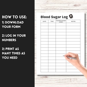 May include: A printable blood sugar log with columns for date, time, blood sugar level, and notes. A black and white illustration of a blood glucose meter is in the top right corner.
