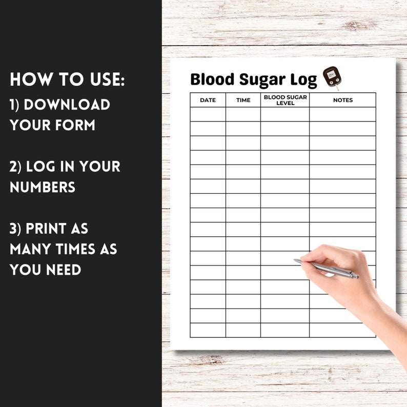 May include: A printable blood sugar log with columns for date, time, blood sugar level, and notes. A black and white illustration of a blood glucose meter is in the top right corner.