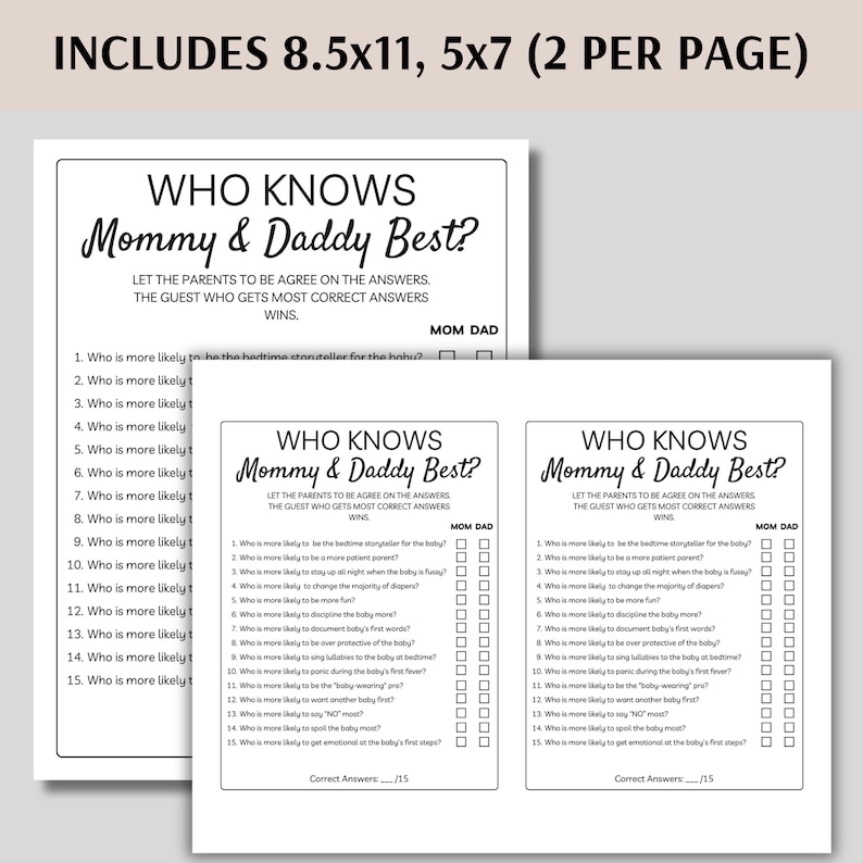 Who Knows Mommy and Daddy Best Baby Shower Game, Printable Who Knows