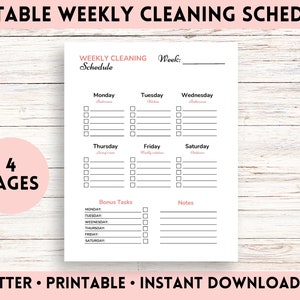 May include: Printable weekly cleaning schedule with a checklist for each day of the week. The schedule includes sections for Monday, Tuesday, Wednesday, Thursday, Friday, Saturday, Bonus Tasks, and Notes. The document is designed for US Letter size paper.